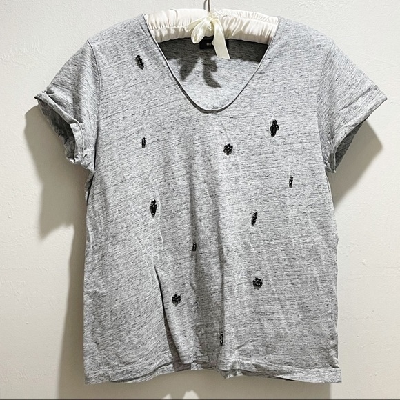 MOS MOSH Women’s Heathered Gray Embellished V-Neck Margaret Tee - Picture 1 of 7